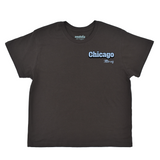 Black t-shirt with 'Chicago' text on a white background