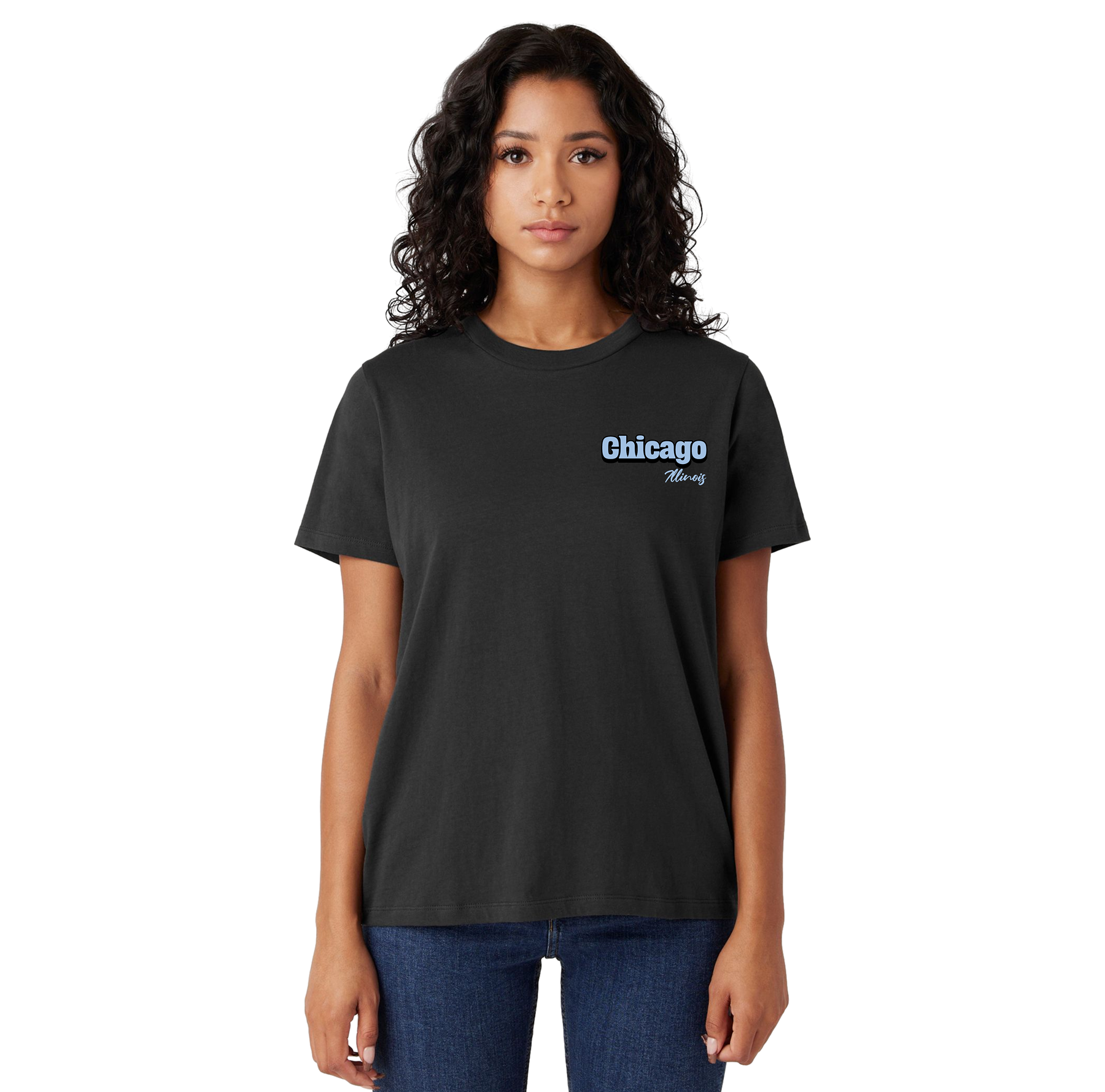 Woman wearing a black t-shirt with 'Chicago' text on a white background