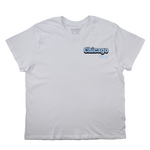 White t-shirt with 'Chicago' text on a white background