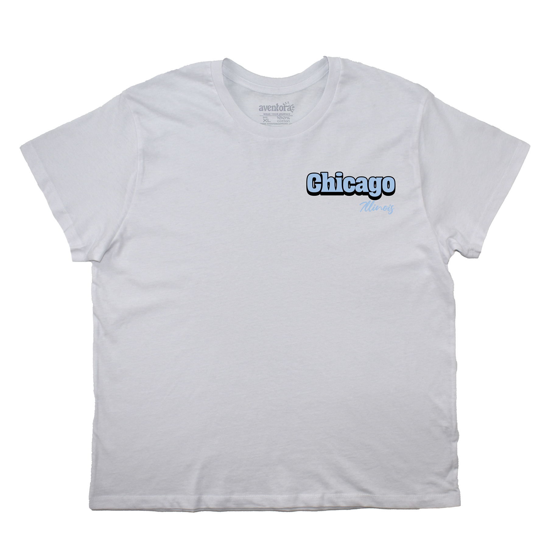 White t-shirt with 'Chicago' text on a white background
