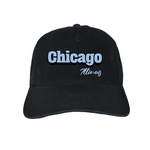 Black cap with 'Chicago Illinois' text on a white background