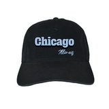 Black cap with 'Chicago Illinois' text on a white background
