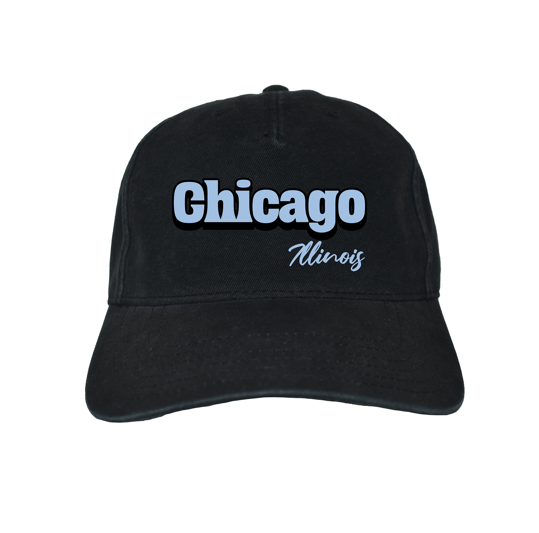 Black cap with 'Chicago Illinois' text on a white background