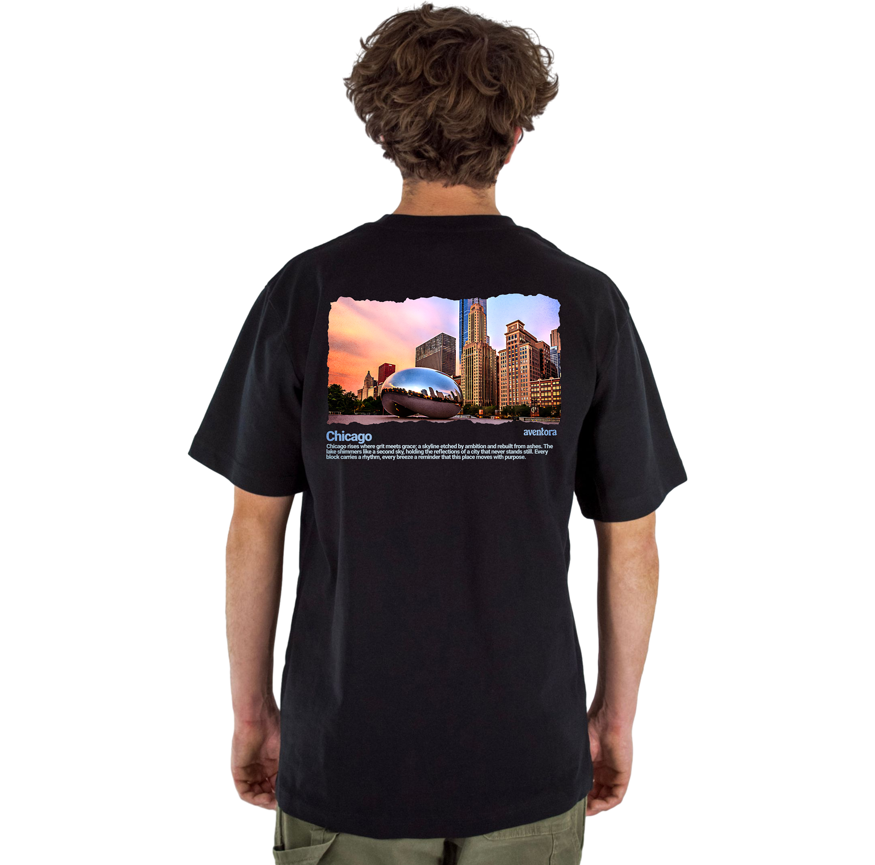 Person wearing a black t-shirt with a cityscape design on the back