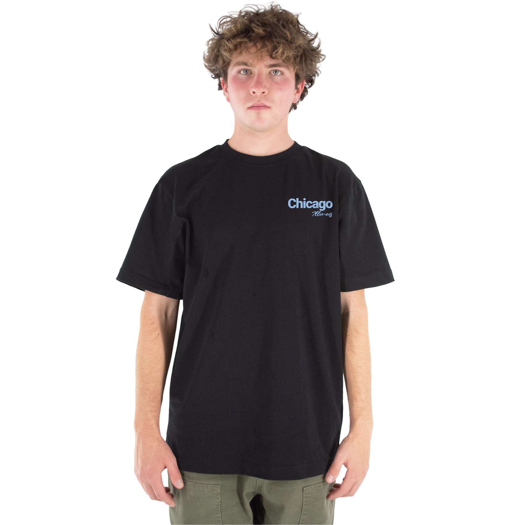 Person wearing a black t-shirt with 'Chicago' text on a white background