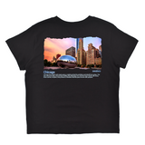 Black t-shirt with a graphic of the Chicago Bean and skyline on a white background
