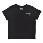 Black t-shirt with 'Chicago Always' text on a white background
