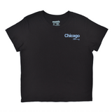 Black t-shirt with 'Chicago Always' text on a white background