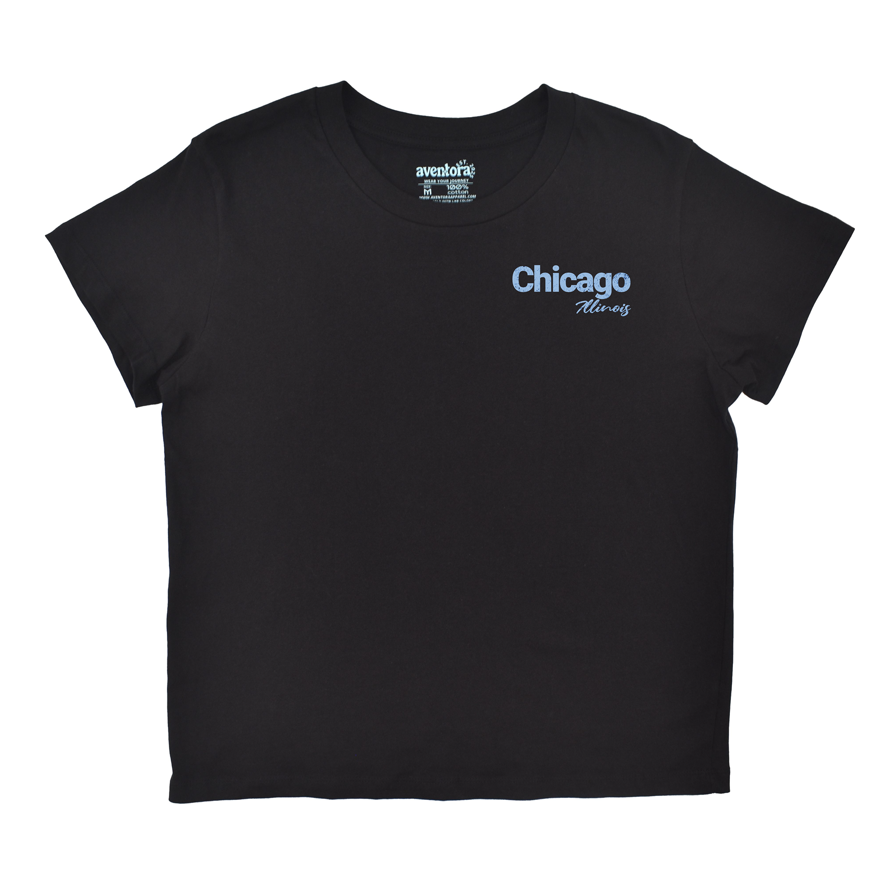 Black t-shirt with 'Chicago Always' text on a white background