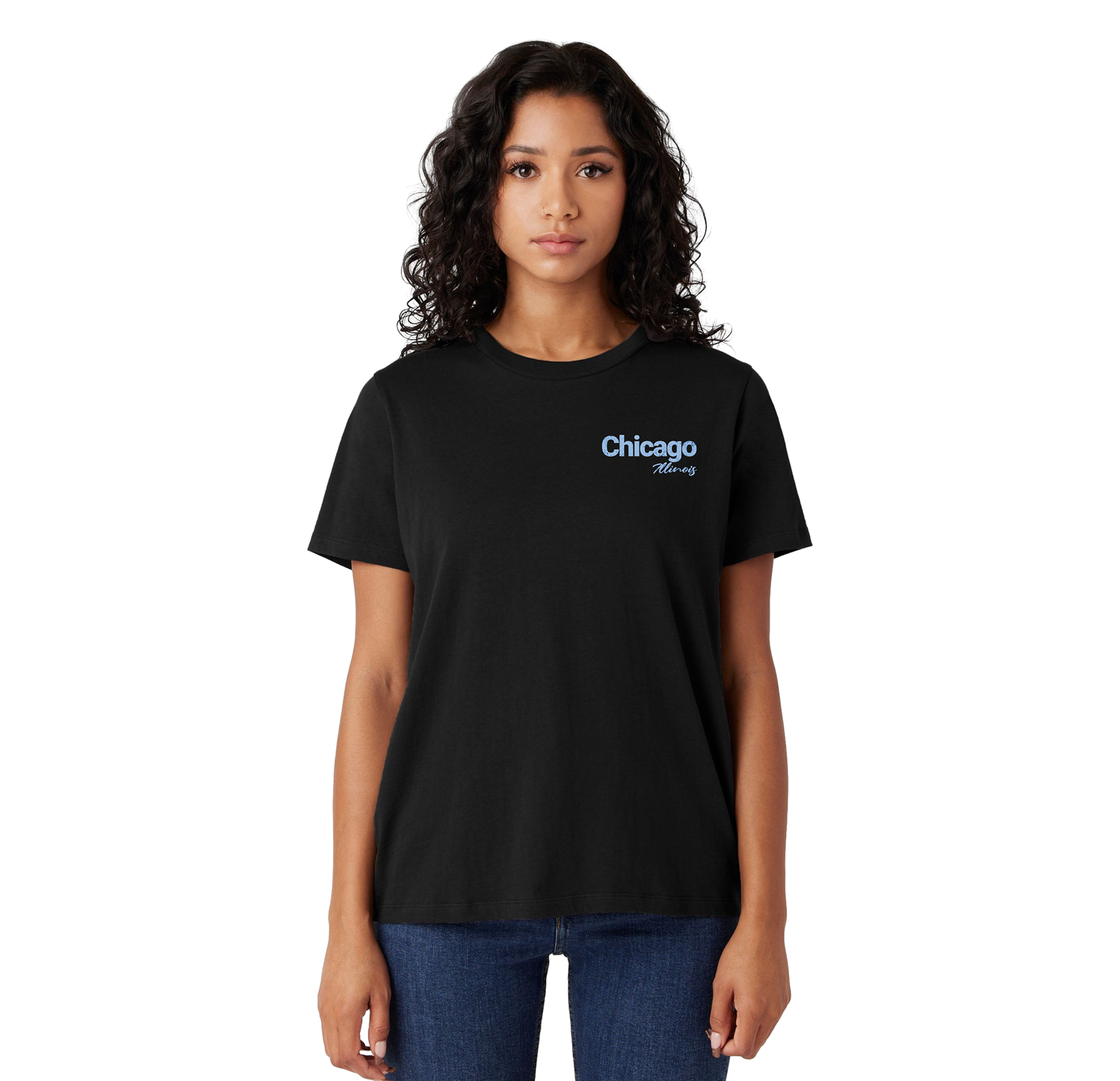 Person wearing a black t-shirt with 'Chicago' text on a white background