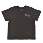 Black t-shirt with 'Chicago' text on a white background