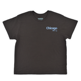 Black t-shirt with 'Chicago' text on a white background