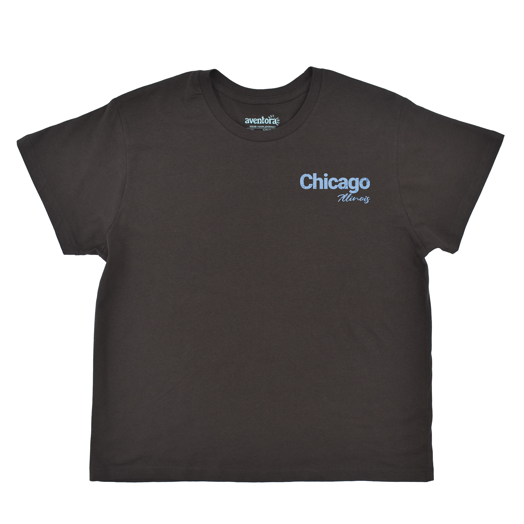 Black t-shirt with 'Chicago' text on a white background
