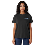 Woman wearing a black t-shirt with 'Chicago' text on a white background