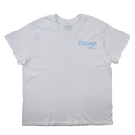 White t-shirt with 'Chicago' text in blue on a white background
