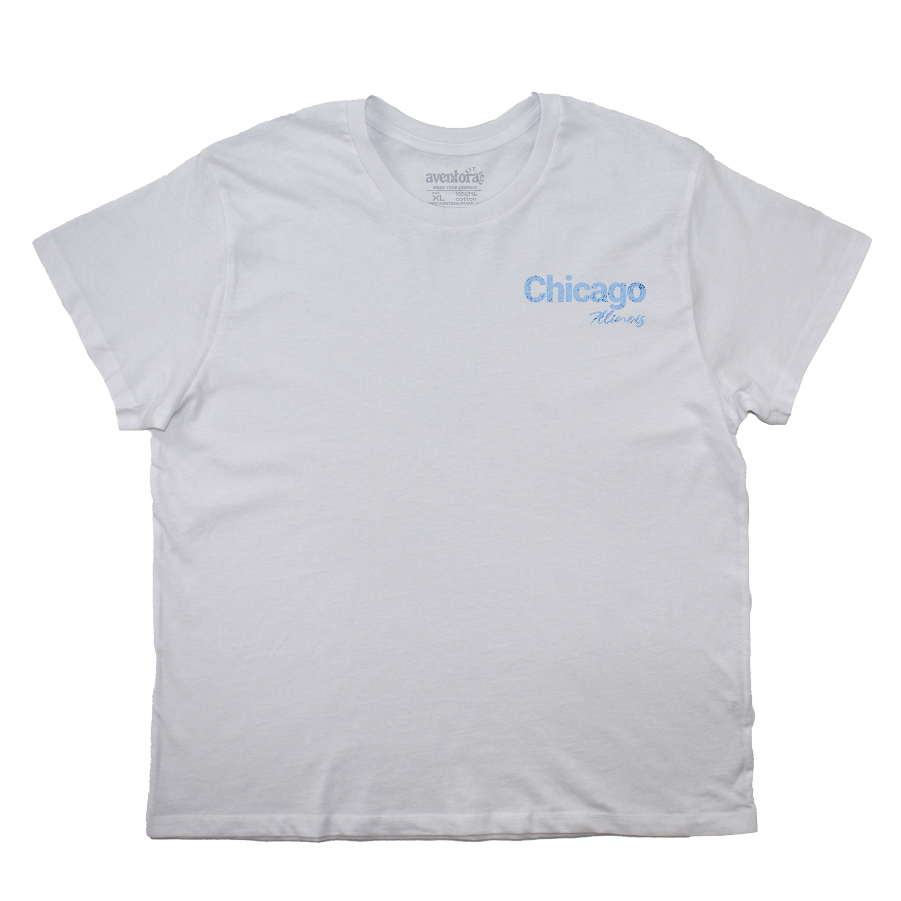 White t-shirt with 'Chicago' text in blue on a white background