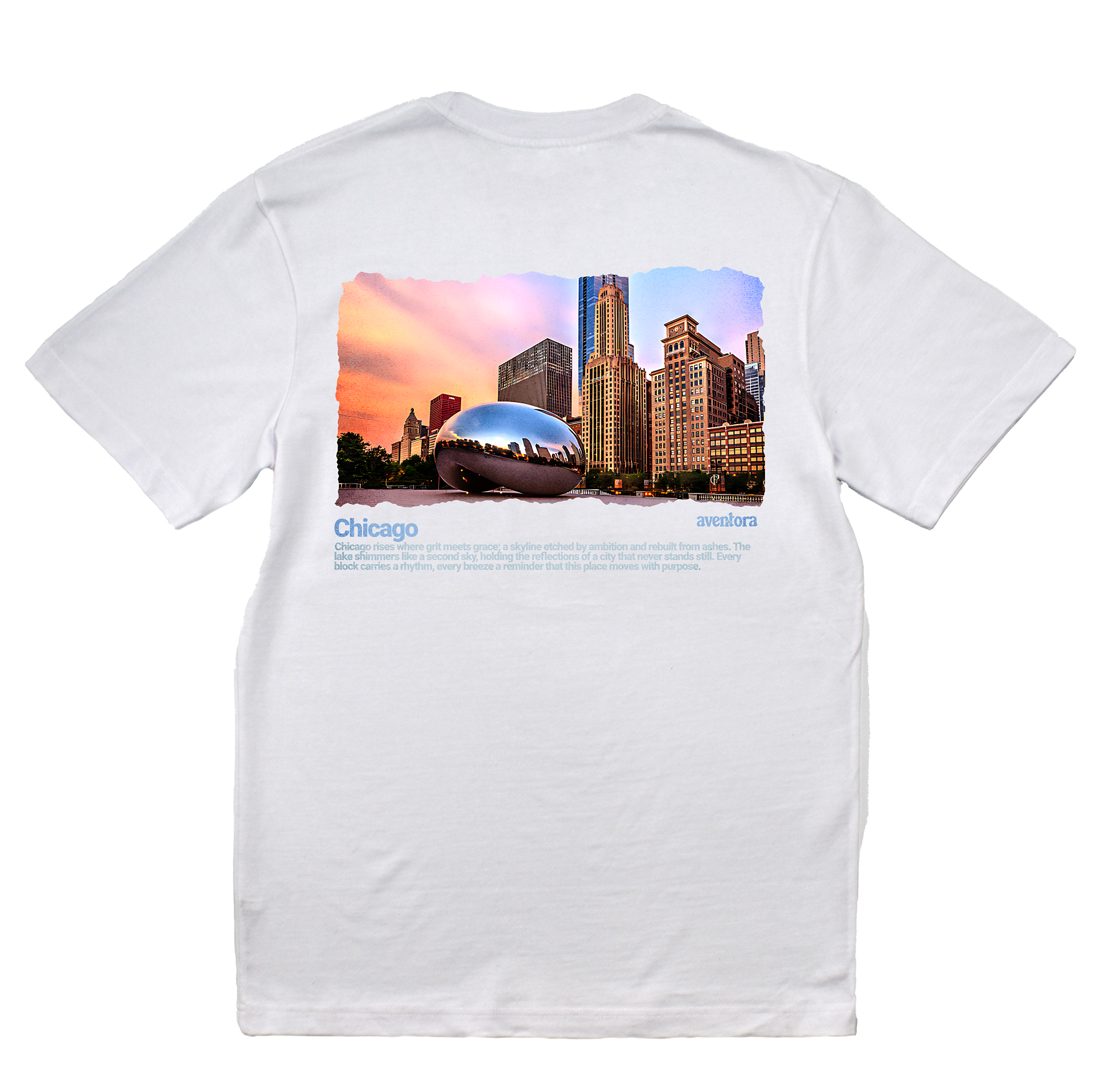 White t-shirt with a graphic of Chicago's skyline and Bean on the back
