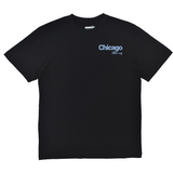 Black t-shirt with 'Chicago Always' text on a white background