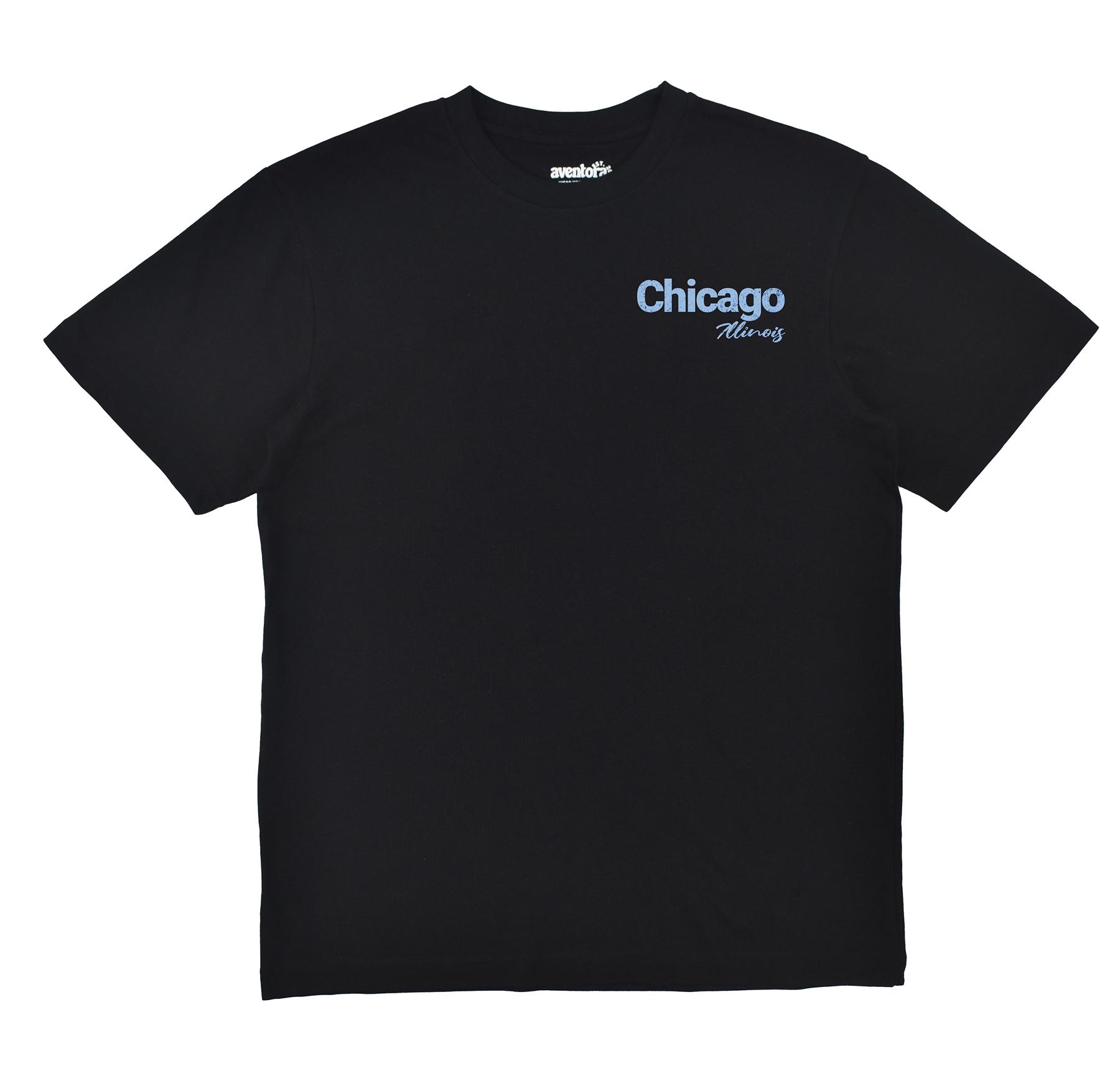 Black t-shirt with 'Chicago Always' text on a white background