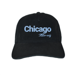 Black cap with 'Chicago Illinois' text on a white background