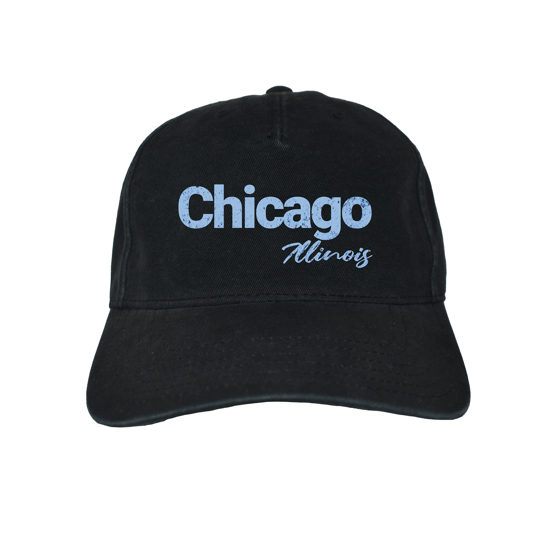 Black cap with 'Chicago Illinois' text on a white background