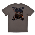 Gray t-shirt with a graphic design on the back featuring a cityscape at night.