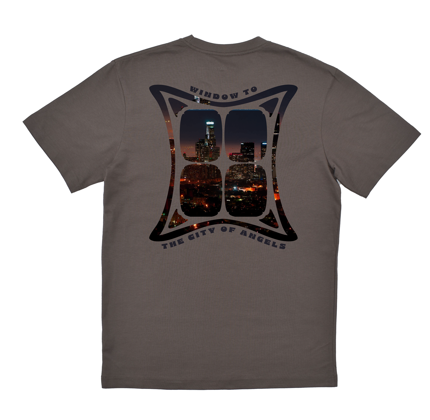 Gray t-shirt with a graphic design on the back featuring a cityscape at night.