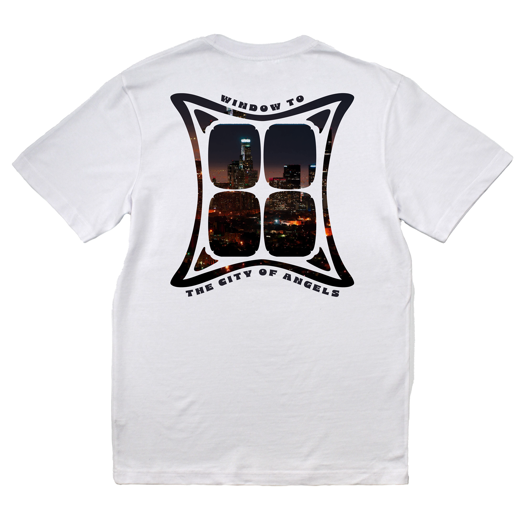White t-shirt with a graphic design on the back featuring a cityscape and text.