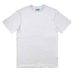 White t-shirt on a white background with a brand logo on the collar.