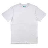 White t-shirt on a white background with a brand logo on the collar.