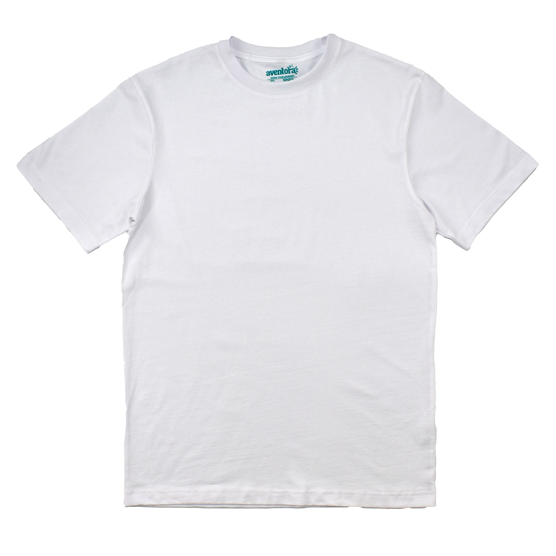 White t-shirt on a white background with a brand logo on the collar.