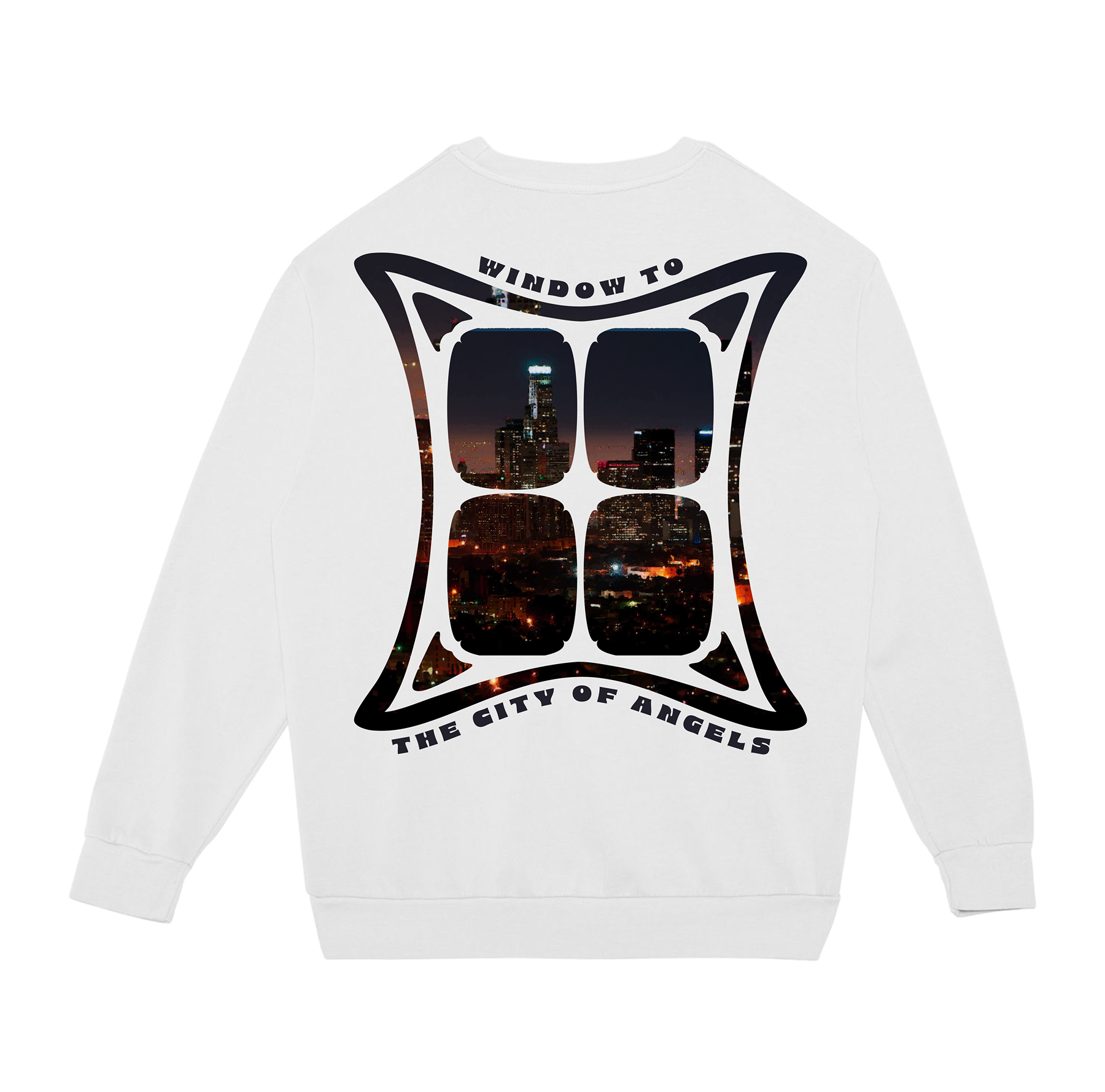White sweatshirt with a graphic of a window view of a city skyline at night on the back.