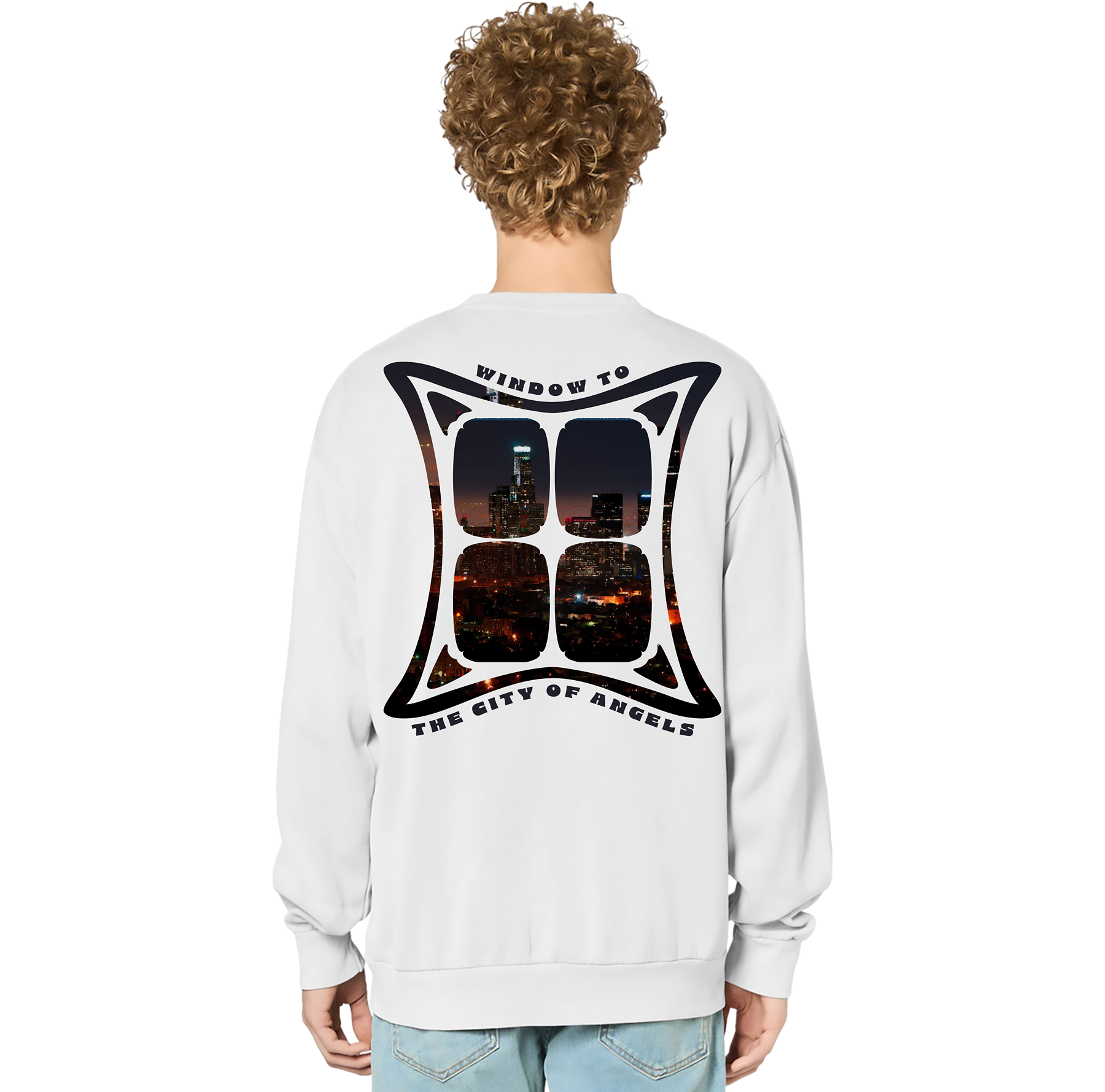 Person wearing a white sweatshirt with a graphic design on the back, standing against a white background.