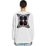 Person wearing a white sweatshirt with a graphic design on the back, standing against a white background