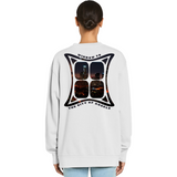 Person wearing a white sweatshirt with a graphic design on the back, standing against a white background