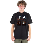 Person wearing a black t-shirt with a graphic design on a white background