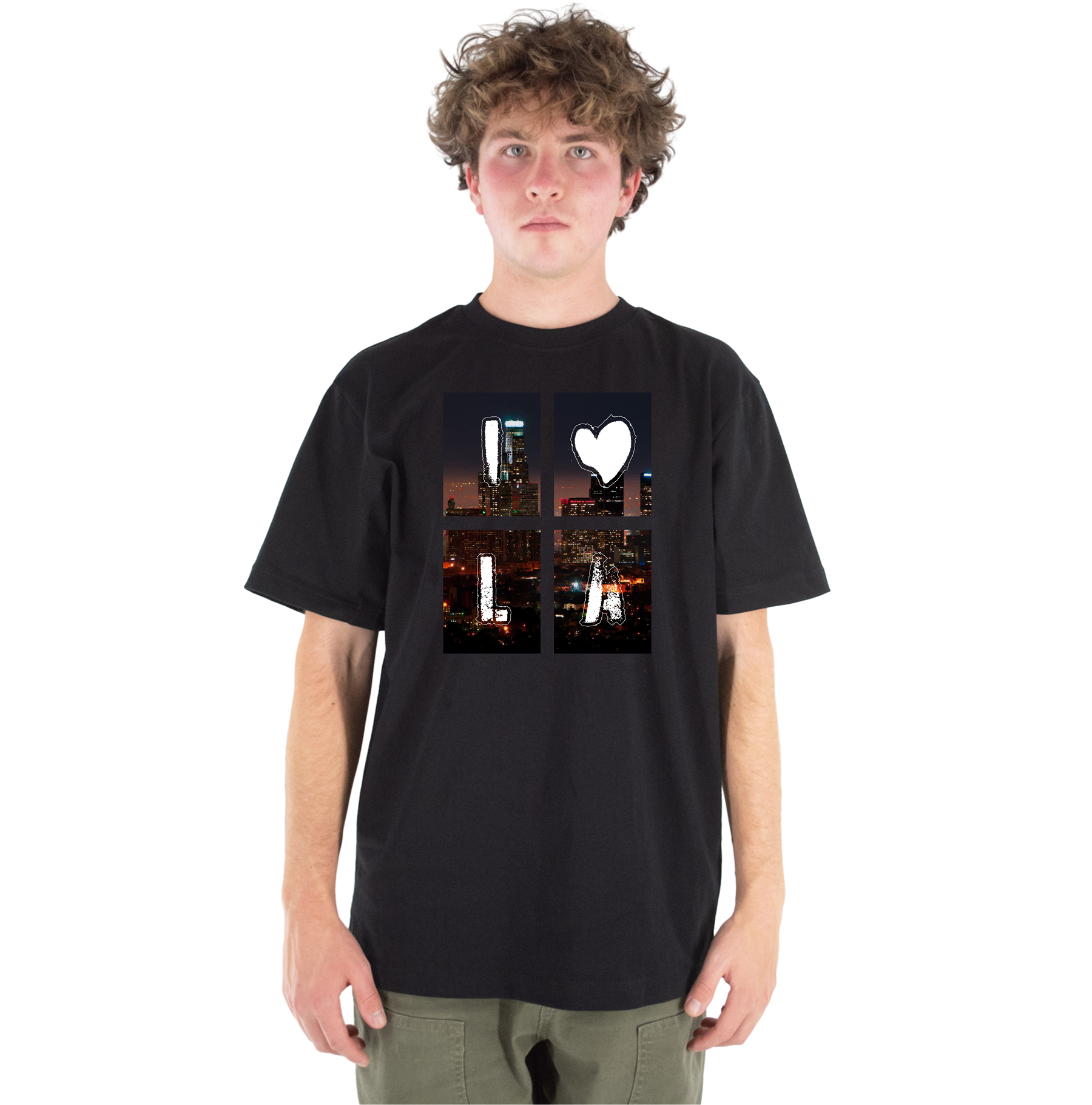 Person wearing a black t-shirt with a graphic design on a white background