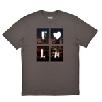 Gray t-shirt with a graphic design of a city skyline and heart on a white background
