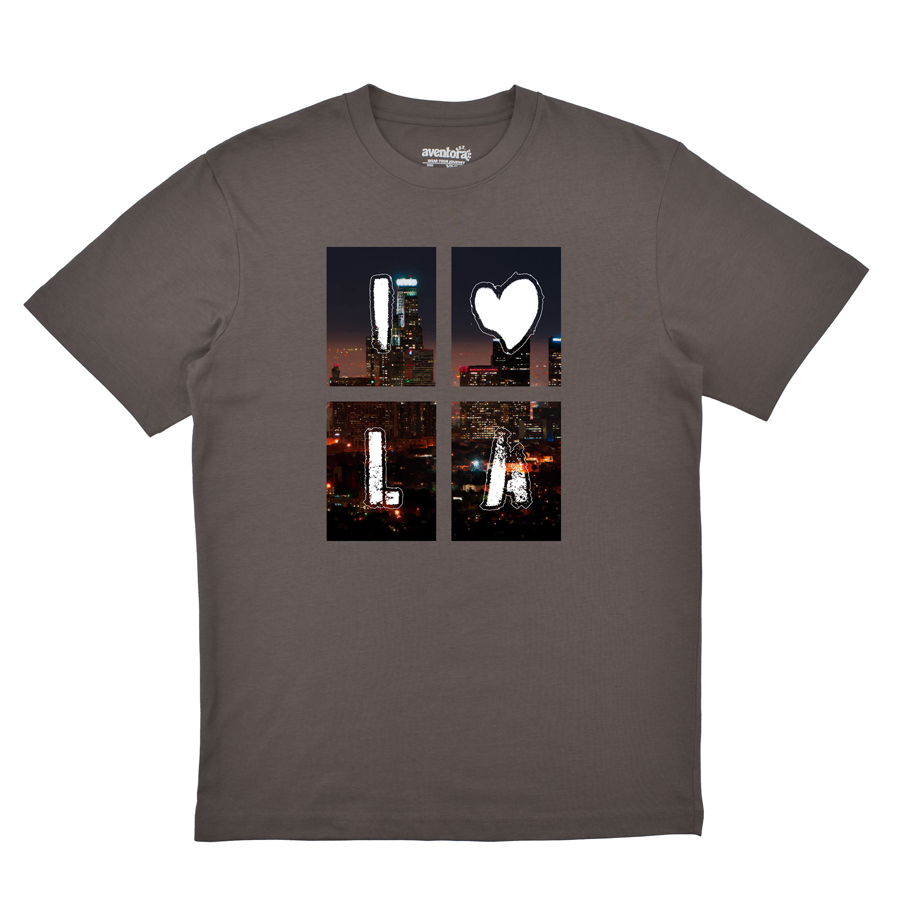Gray t-shirt with a graphic design of a city skyline and heart on a white background