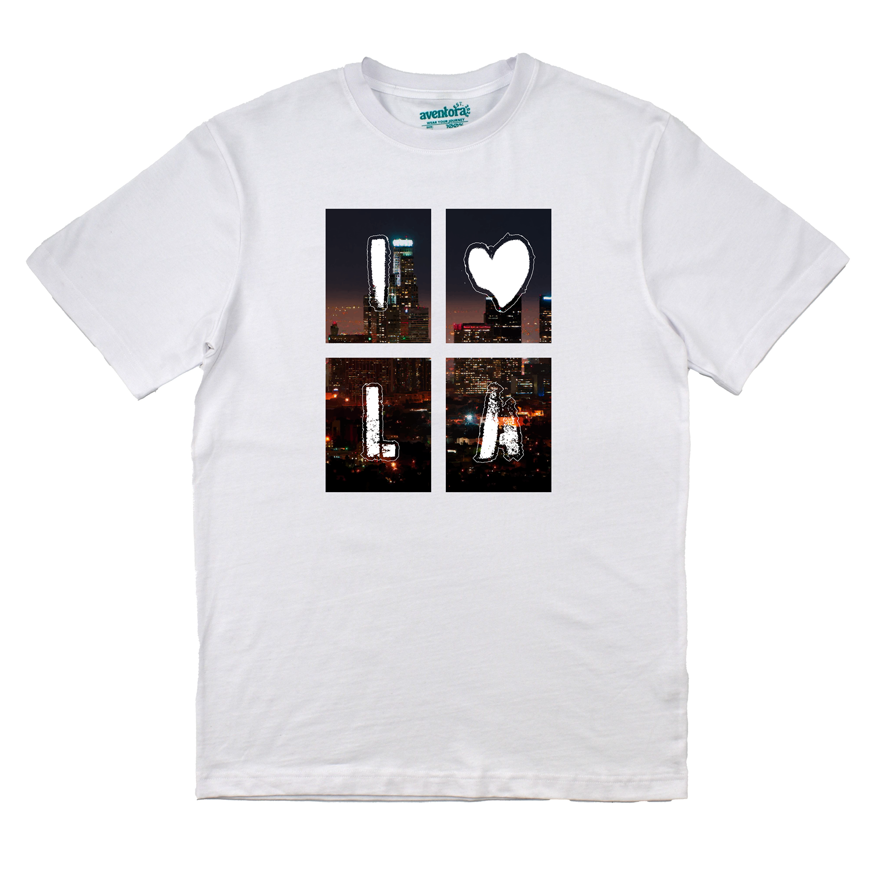 White t-shirt with a graphic design of a heart and cityscape on a white background