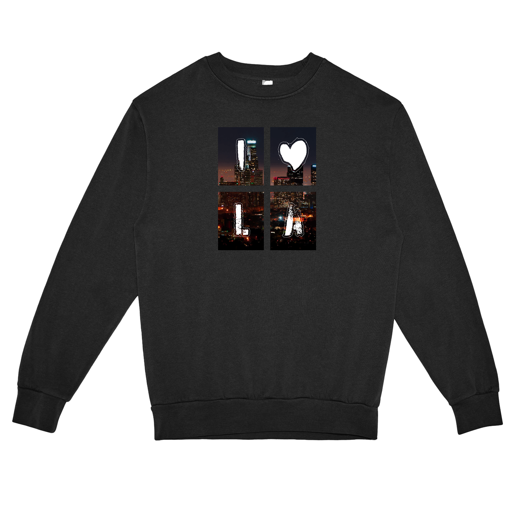 Black sweatshirt with a cityscape design featuring the word 'I heart LA' on a white background