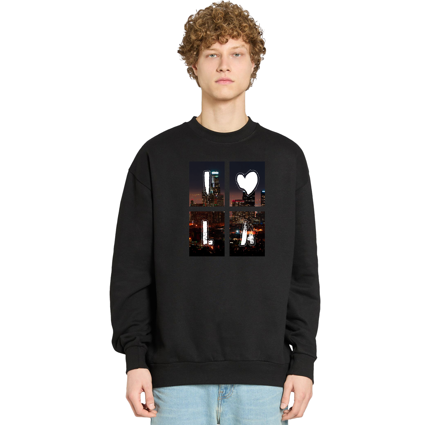 Person wearing a black sweatshirt with a cityscape design on a white background