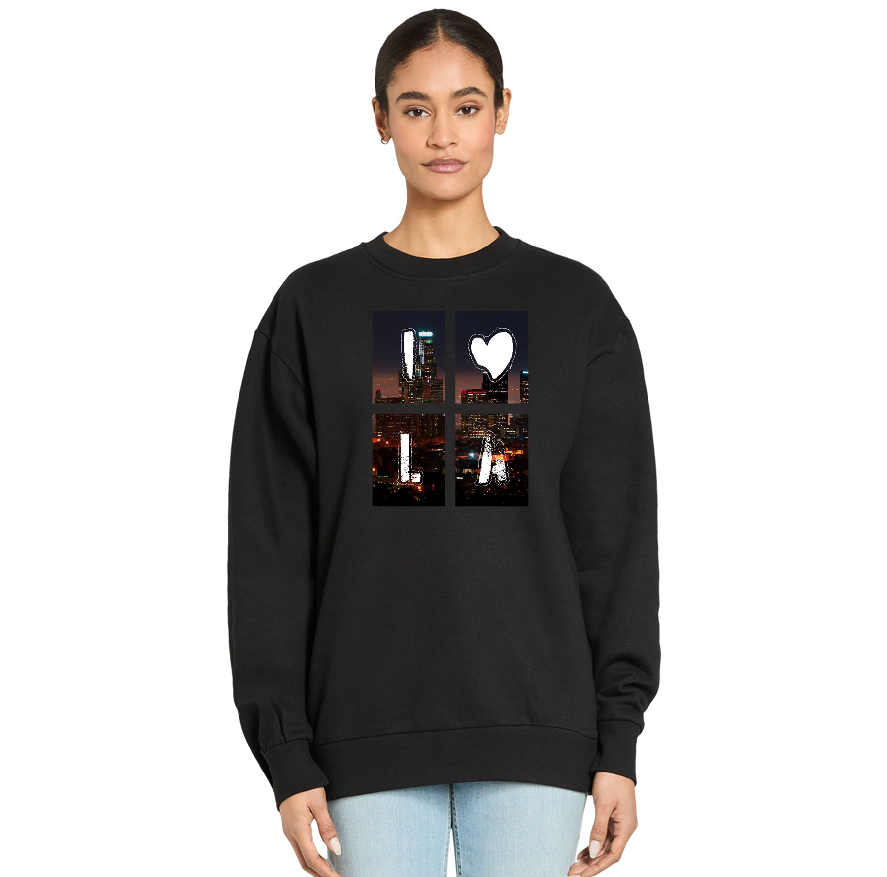 Black sweatshirt with a cityscape design featuring a heart and letter 'L' worn by a person on a white background