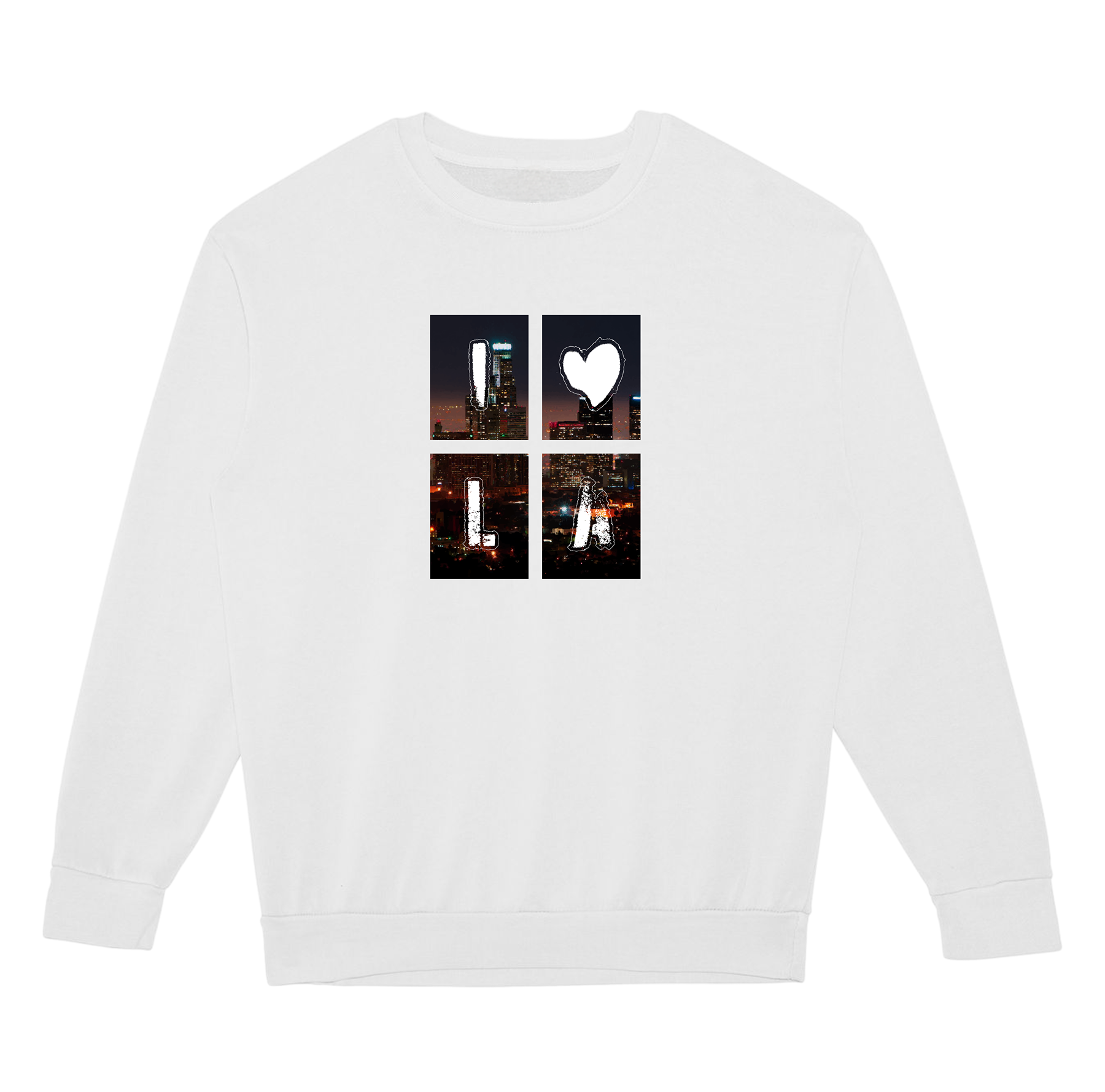 White sweatshirt with a graphic design on the chest featuring four cityscape images and a heart.