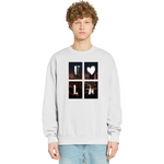 Person wearing a light gray sweatshirt with a graphic design on a white background