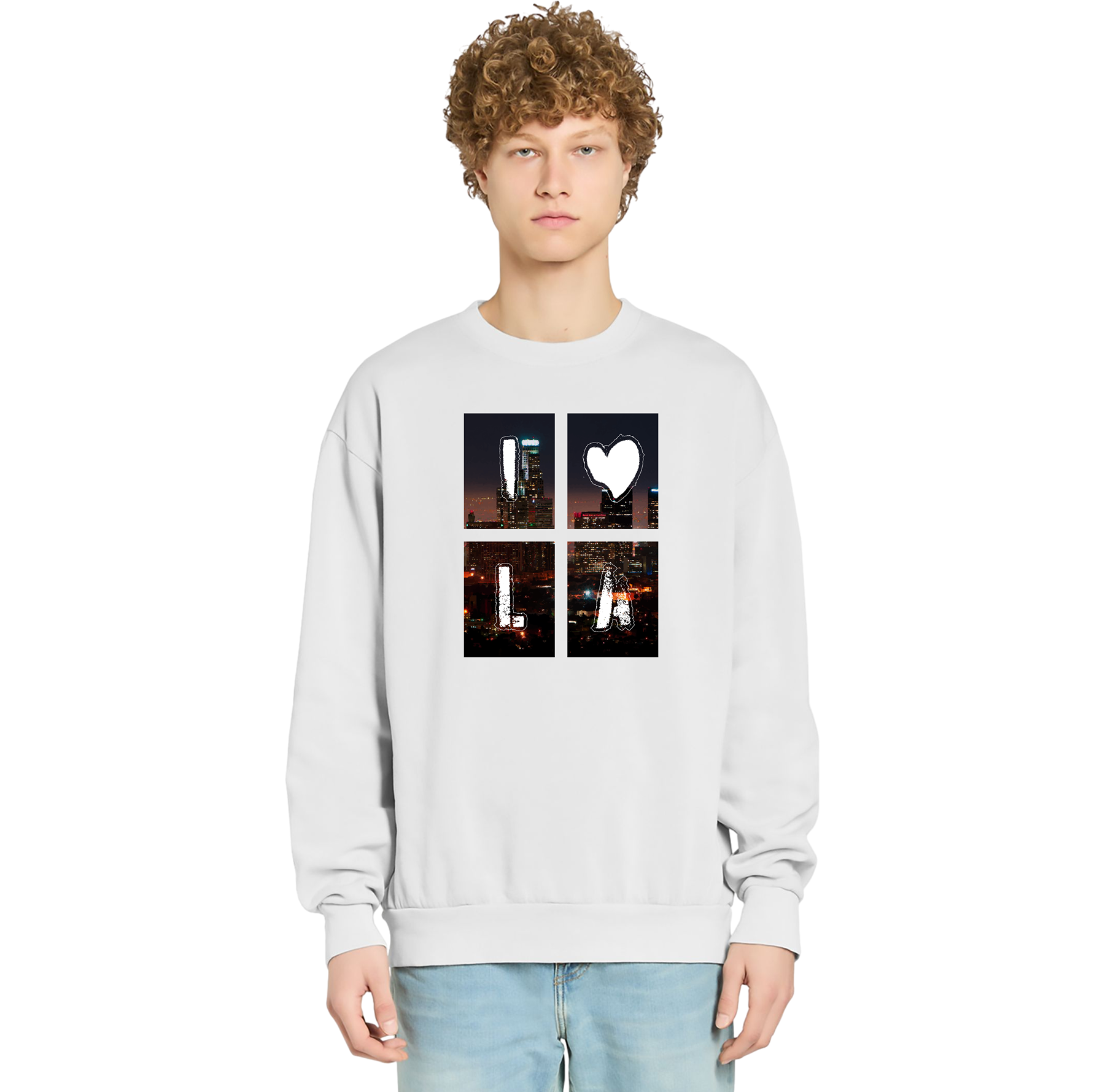 Person wearing a light gray sweatshirt with a graphic design on a white background