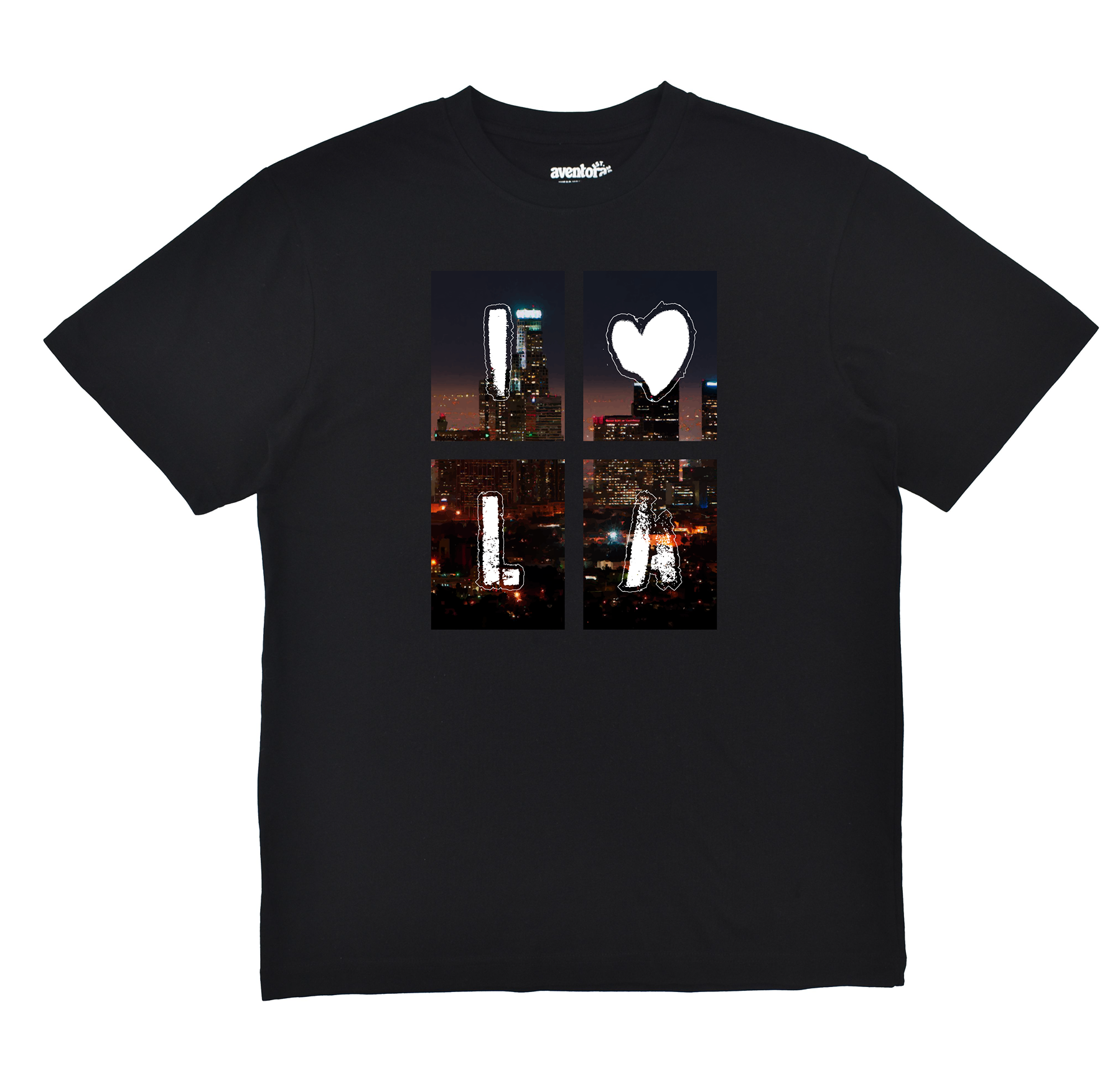Black t-shirt with a cityscape design featuring the letters 'I' and 'A' on a white background