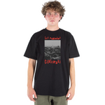 Person wearing a black t-shirt with 'Los Angeles California' print
