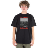 Person wearing a black t-shirt with 'Los Angeles California' print