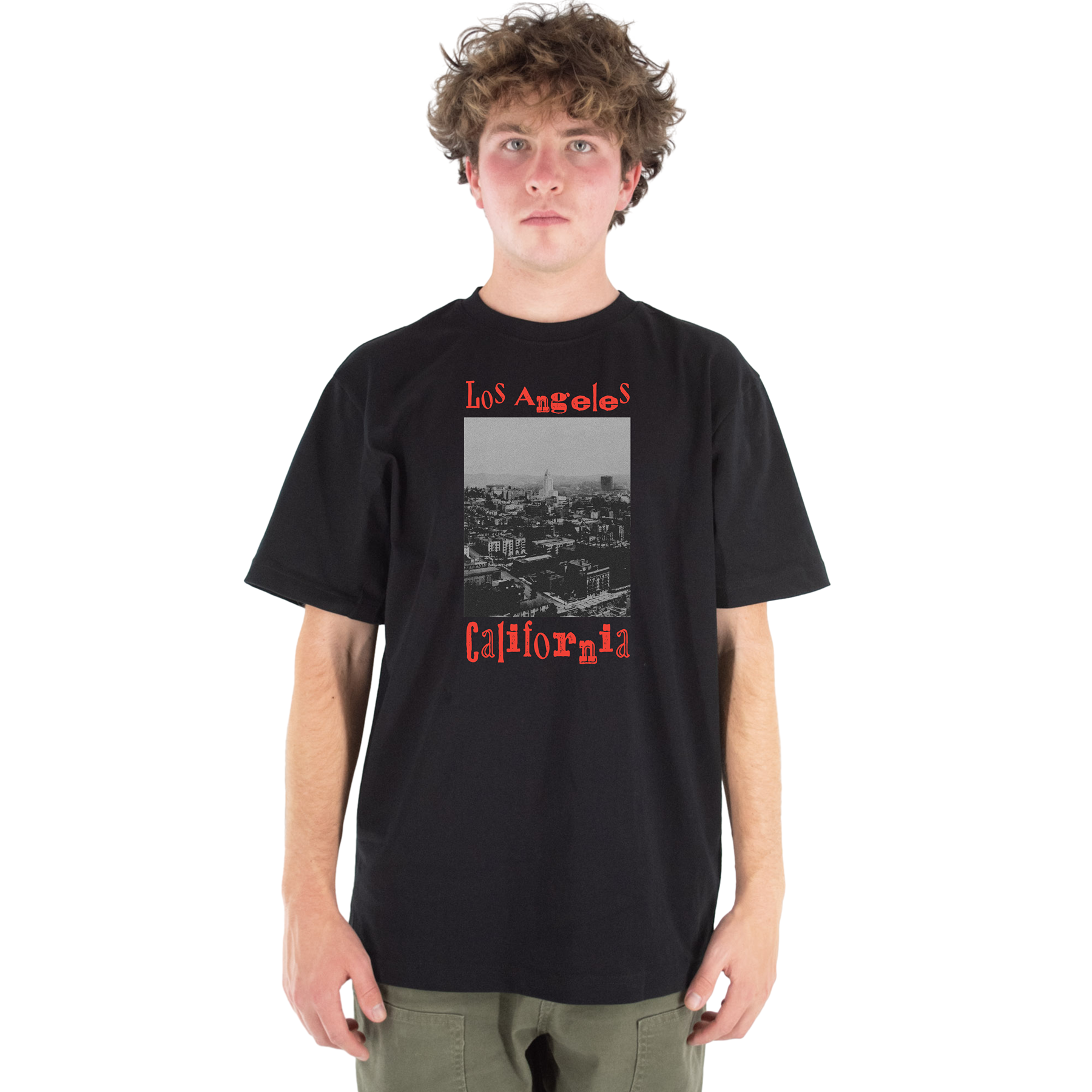 Person wearing a black t-shirt with 'Los Angeles California' print